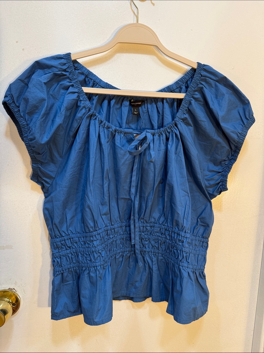 Banana Republic Blue Puff-Sleeve Tie-Neck Peasant Blouse